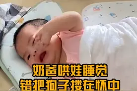 爸爸哄娃睡觉不专心错搂狗子入怀：孩子还在哭，狗子快睡着了图片