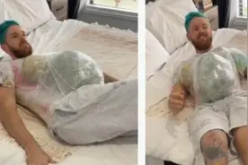 男子腹部绑西瓜试图体验怀孕的感觉 却连床都下不了图片