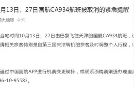 中国驻法国大使馆：10月13日、27日国航CA934航班被取消，请相关旅客及时调整行程图片