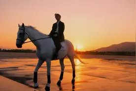 吴世勋穿绿衣配粉发时尚帅气，在夕阳中身骑白马似“白马王子”图片