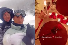 C罗带乔治娜享受温泉，池中热吻太甜腻，球星光腿坐雪中很硬汉图片