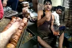 印度工人脚踩面包干，镜头面前还伸舌头舔，恶心程度令人作呕图片