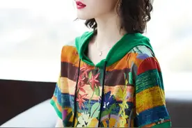 2020新款大码夏装，拼接印花雪纺衫宽松连帽短袖图片