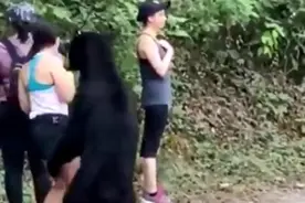 墨西哥女子路遇黑熊，被摸肩嗅头发仍淡定自拍，黑熊还很配合她图片