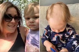 英国5娃妈一没注意，2岁女孩把自己剪成秃顶，好像谢广坤图片