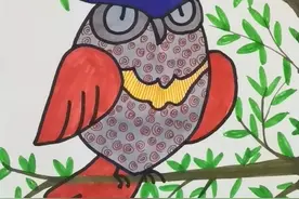 少儿美术范画《猫头鹰》简单彩色少儿绘画，儿童画画范本图片