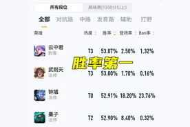 全英雄胜率第一，巅峰赛第四，云中君莫名崛起，新赛季却必须改变图片