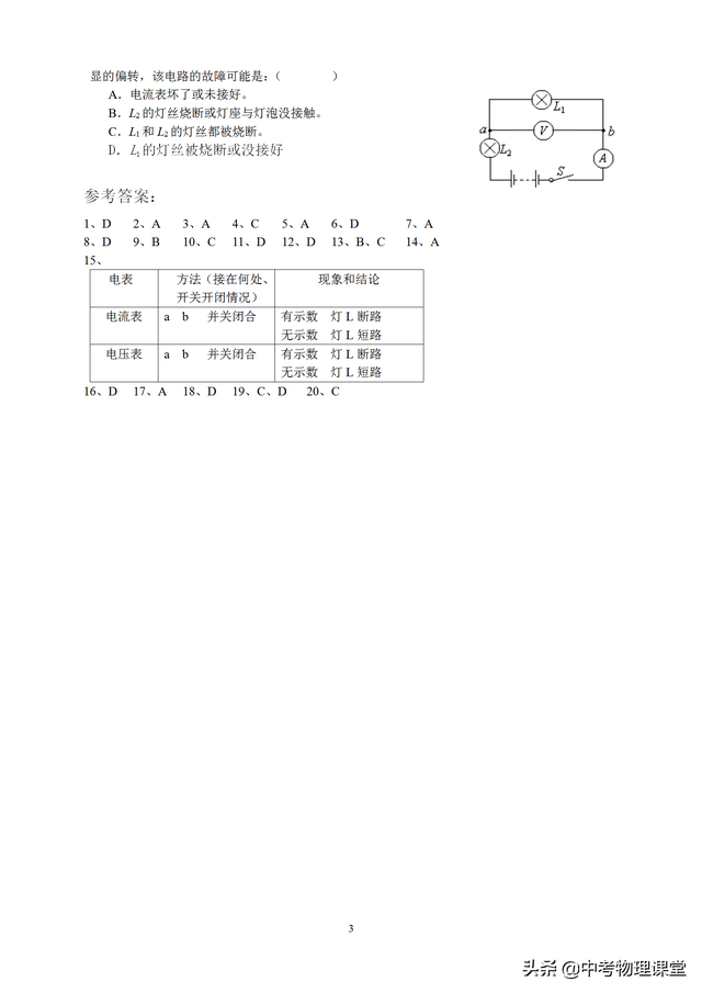 初三物理电学难点——电路故障分析讲解及练习含答案