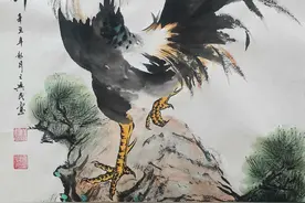 王兴民国画公鸡：一幅水墨公鸡，韵味十足，笔触清晰，威武霸气图片