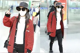 黄圣依好酷，红黑条纹开衫配破洞紧身裤时尚舒适，牛仔穿一套好潮图片