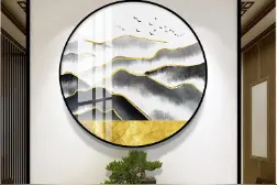 新中式入户玄关装饰画手绘风景山水油画定制客厅书房卧室圆形挂画图片