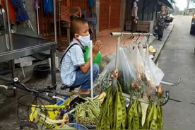 泰国10岁男孩疫情期间为养活家人，每天都要骑三轮车到街边卖菜图片