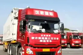 湖北武汉冷链车队前往二连浩特运输蒙古国捐赠羊肉图片