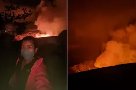 夏威夷火山喷发，夫妇被惊醒后开车直奔火山口，近距离观察还合影图片