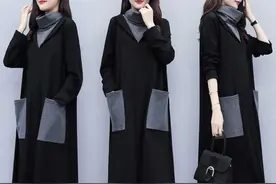 2020秋季新款大码，女装宽松长款连衣裙，黑色长袖堆堆领显瘦图片