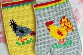 钩针情侣小鸡提花隔热垫/手套像素画图片