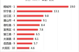 2019年安徽安庆市10个区县财政一般公共预算收入排名如下图片