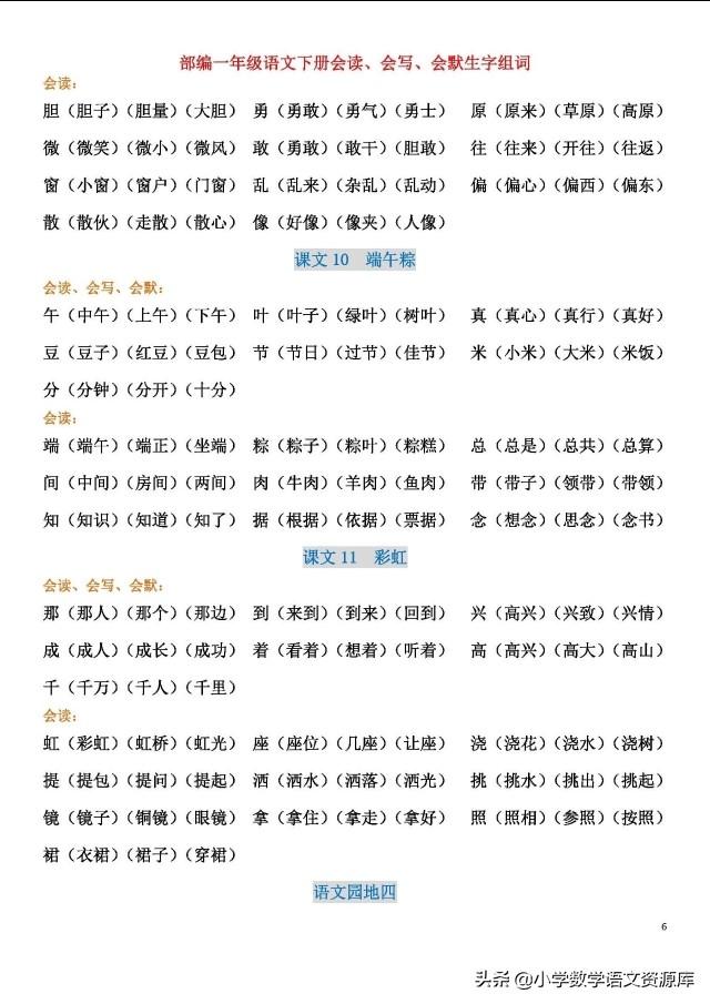 一年级语文下册部编版全册会读、会写、会默生字组词，助力学习！