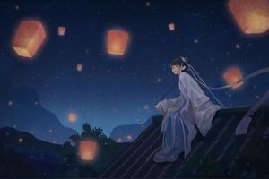 古风夜景插画 | 灯火万家城四畔，星河一道水中央图