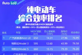 电动车综合效率排名|广汽Aion LX卫冕冠军，国产Model3 20名开外图片