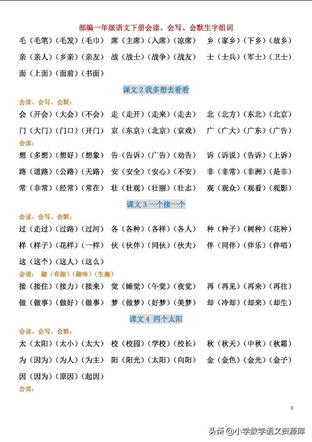 一年级语文下册部编版全册会读、会写、会默生字组词，助力学习！