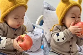 太萌了！人类幼崽偷啃苹果，可爱模样萌翻网友：奈何小牙不给力图片