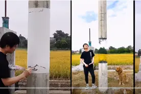 神操作！男子将电线杆画出悬空效果图片