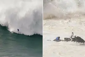 惊险！冲浪者被巨浪拍进水里，英雄队友冒险骑摩托艇救援视频封面