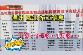 温州市瓯北的工厂招工信息，工资有3千多到1万多都有，具体看岗位视频封面