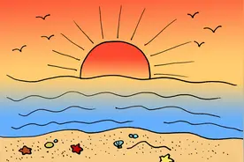美丽的海上日出风景简笔画，还有金色的沙滩，飞翔的海鸥视频封面