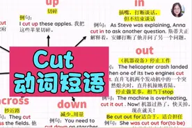 Cut动词短语 Cut in 插嘴 Cut up 切碎 Cut across 抄近路