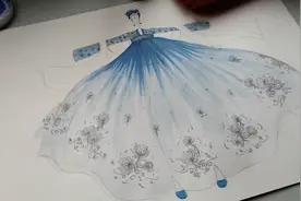 汉服设计教程：水彩上色齐胸襦裙汉服服装设计菊花图案齐胸襦裙！