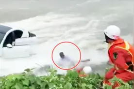 司机被困命悬一线 ！下车瞬间被洪水冲走 消防员立即卧倒拼死拽绳视频封面
