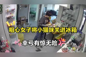 粗心女子不小心将小猫咪关在了冰箱里，幸好最后一切都有惊无险