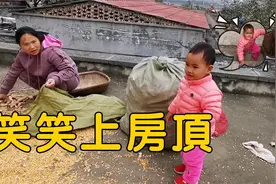 妈妈在房顶干活，两岁宝宝去帮忙手脚并用爬楼梯，紧张模样太搞笑视频封面