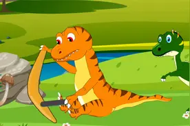 黄色恐龙玩回形标，绿色恐龙也想玩，黄色恐龙不让玩，被绿龙抢了