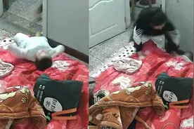 姐姐缺乏经验把弟弟放床边，妈妈飞扑一把接住要坠床的宝宝视频封面