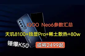 iQOO Neo6参数汇总，天玑8100+独显Pro+稀土散热+80w,或将2499起