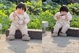 女子拍下女儿在路边干饭，自顾自埋头猛吃，网友直呼太可爱视频封面