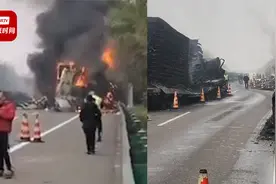 快递货车爆胎停应急车道遭追尾 49吨包裹起火烧光视频封面