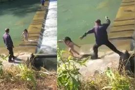 女孩在河边玩水，被家长拿着棍子一顿狂抽，下一秒跑得比兔子还快视频封面