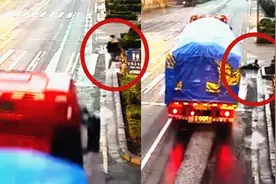 监拍：男子鬼探头式冲刺闯红灯 半挂车完全来不及避让将其撞飞视频封面