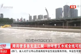 太原南内环桥下，降雨使多条支流汇聚，汾河景区水流漫过河面视频封面