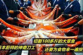 日本厨师的神奇刀工，切割100多斤大章鱼，还要为食物来一遍按摩视频封面