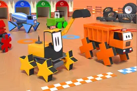 挖掘机和工程车玩踢球换轮胎的游戏，认识形状，儿童工程车动画片