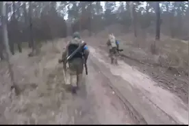实拍乌克兰领土防卫军士兵在一个活跃战区的森林中快速行进。视频封面