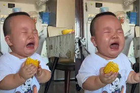 萌娃手拿玉米太烫大哭，左右手换都舍不得扔：这是吃货的最高境界视频封面