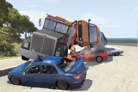 BeamNG：大货车开足马力过弯不减速冲向停车场，模拟真实车祸游戏