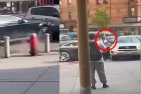 纽约街头2车狂飙激烈碰撞，只为抢劫一个黑色包裹，路人围观全程视频封面
