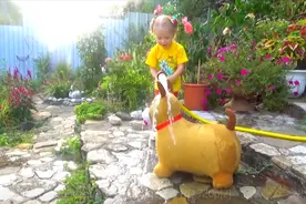 玩具狗有点脏了，小萝莉拿起水管，决定亲自动手将它清洗干净